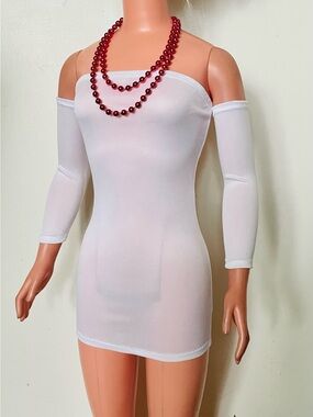 White Mini Dress & Long Red Bead Necklace for My Size Barbie Doll 36". New